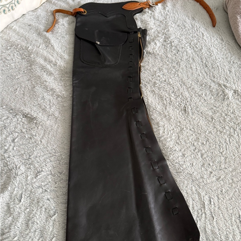 Leather Western Chaps - Black with Tan Straps